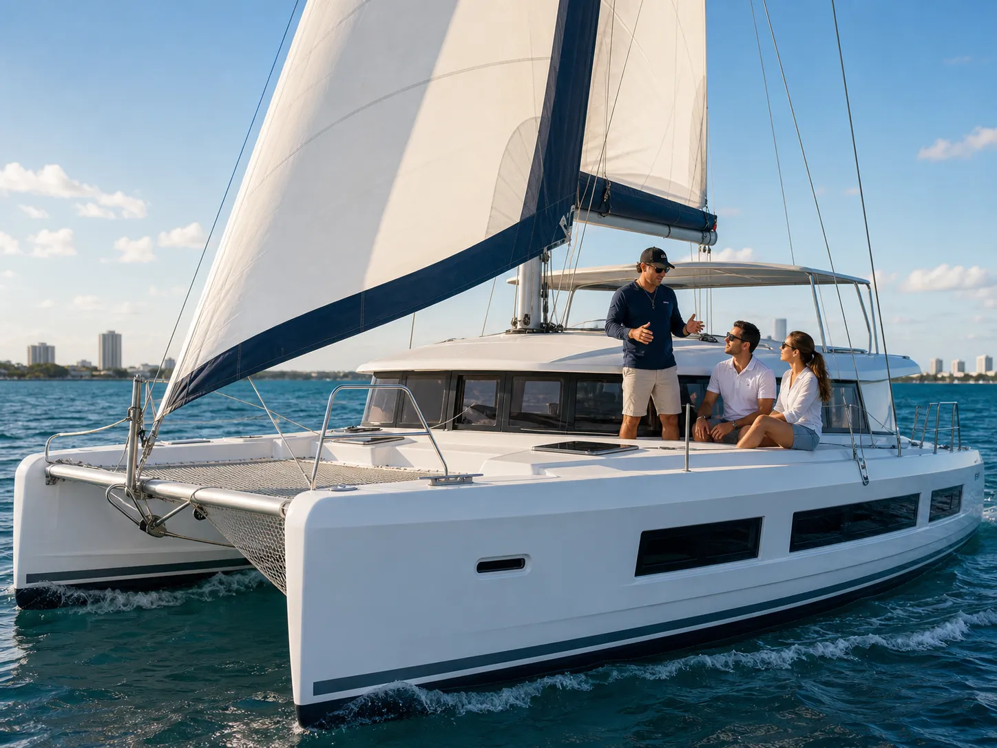 Sailing catamaran training underway in coastal water